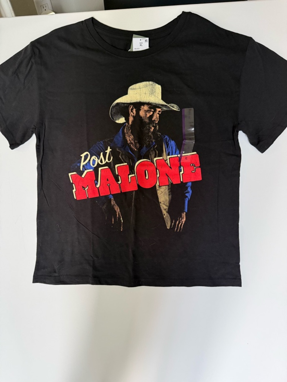 Post Malone Black Tee with Red 'MALONE' and Multicolor Cowboy Graphic